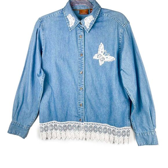 Denim Crochet Laced Butterfly Top Size Large - Picture 1 of 6